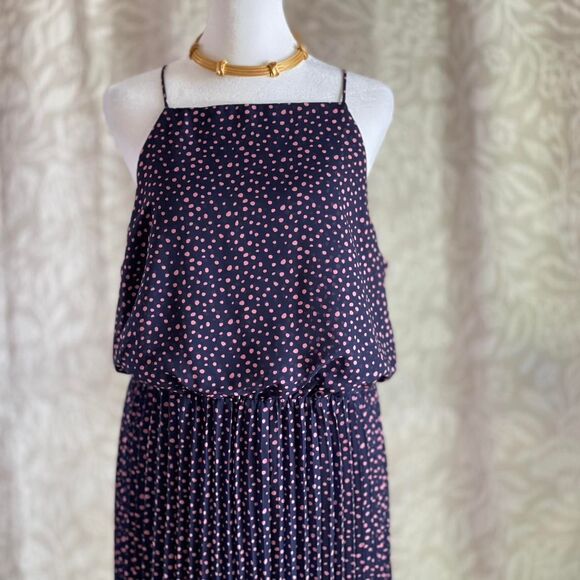 NWT Sam Edelman Chiffon Navy Blue & Pink Polka Dot Pleated Maxi Dress Size 12 - Picture 4 of 8